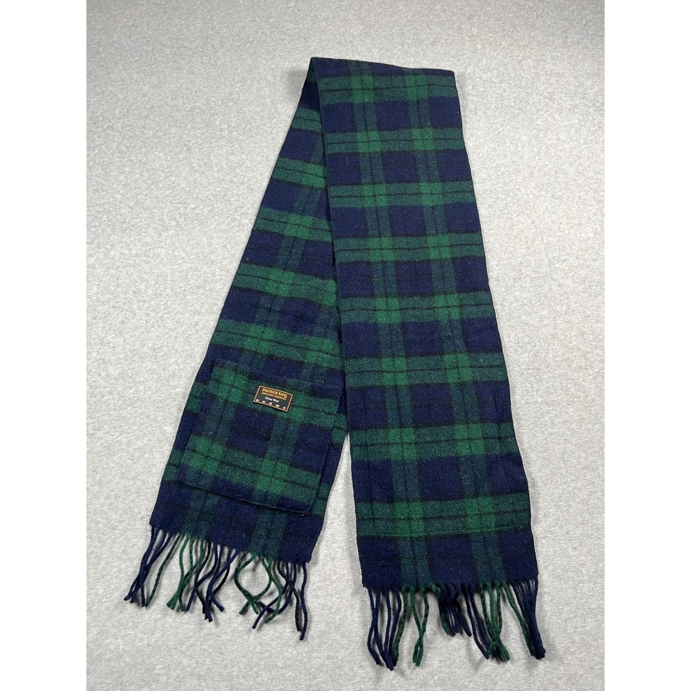 VTG Patrick King 100% Wool Scarf Unisex OS Green Blue Plaid Pockets Fringe